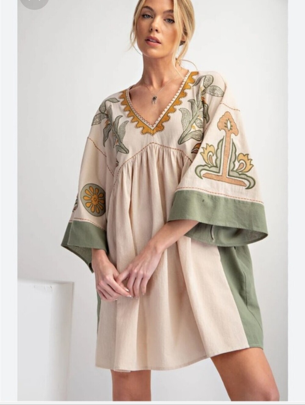 Veveret Boutique Embroidered V-Neck Linen Blend Dress Khaki & Green Bohemain